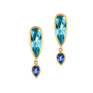 Pear Double Drop earrings in 18K yellow gold with blue Zircon (5.70 tcw.) and blue Sapphire (0.75 tcw.), $2,750; Kimberly Collins Colored Gems, casey@kimberlycollinsgems.com