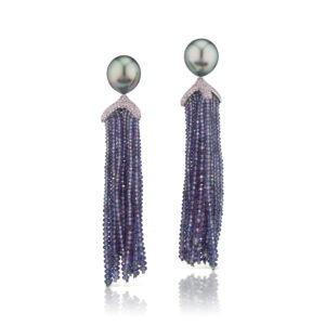 Earrings in platinum with color-change Garnets (153.23 tcw.), cultured 15.4 x 13.6 mm Tahitian Pearls, and Diamonds (2.36 tcw.) are 3.5 inches long, price on request; Assael