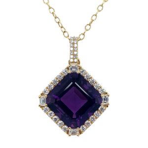 Pendant necklace in 18KT yellow gold with a 14.29 ct. Amethyst and Diamonds (1.24 ctw.), $6,000; Hari Jewels