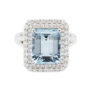 Ring in 14K white gold with an emerald-cut 4.15 ct. Aquamarine from Mozambique and full-cut Diamonds (0.71 ctw.), $6,590; Artistry Limited