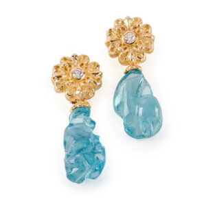 “Laura” earrings in 18K yellow gold with freeform shape Aquamarine (73.31 ctw.) and Diamonds (0.30 ctw.), $25,000; Katy Briscoe