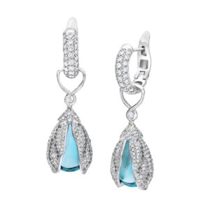 “Ana Fleur Amulet Clique” earrings in 18K white gold with Aquamarine (8.39 ctw.), gray and white Diamonds (1.83 ctw.), and pavé Diamonds (0.80 ctw.), $17,848; Lilly Street