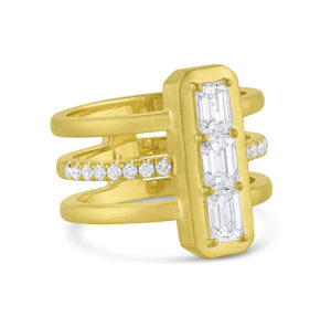 Ring in 18K yellow gold with emerald-cut Diamonds (1.51 ctw.) and pavé (0.28 ctw.), $19,040; Leigh Maxwell Jewelry