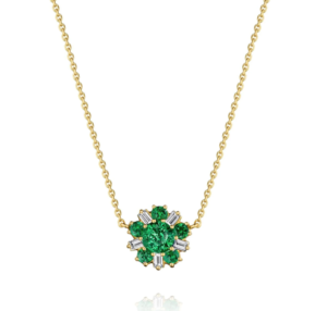 Wonderland Ballerina Flower necklace in 18K yellow gold with Emeralds (1.22 ctw.) and Diamonds (0.33 ctw.), $7,900; Mimi So