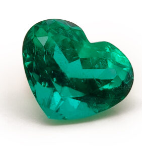 A 2.10-carat heart-shape Colombian-origin Emerald is 7.68 x 9.27 x 6.01 mm with oil, $25,200 triple keystone; Vinod Kotahwala