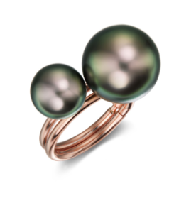 Split Decision ring in 18K rose gold with cultured Tahitian pearls, $6,800; Assael
