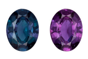 A 2.09 ct. oval Alexandrite from Brazil comes with a Gubelin report, $50,000 per carat keystone; Gem 2000 [left view in daylight, right view in incandescent bulb]