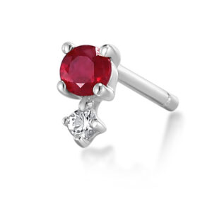 Single earring in 14K white gold with a 2.5 mm Ruby and 1.4 mm white Sapphire, $125; Aurelie Gi