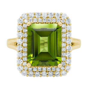 Ring in 14K yellow gold with a 4.97 ct. emerald-cut Peridot from China and Diamonds (0.69 ctw.), $5,675; Artistry Limited