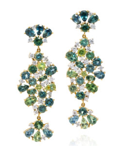 Statement Dangle earrings in 18K white gold with mixed-shape Montana Sapphires (22.64 ctw.) and Diamonds (1.71 ctw.), $23,990 keystone; Kimberly Collins Colored Gems