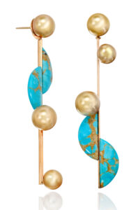 Earrings in 18K yellow gold with Turquoise (20.0 ctw.) and golden South Sea cultured Pearls 9.0–11.7mm, price on request; Assael