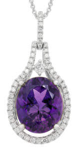 Necklace in 14K white gold with a 3.23 ct. oval shaped Amethyst from Brazil and round full-cut Diamonds (0.25 ctw.), $1,800; Artistry Limited