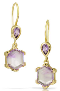 Earrings in 18K yellow gold with hexagon- and pear-shape Amethysts (4.31 ctw.), $1,722 keystone; Karin Jacobson 