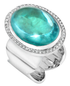 Athena ring in sterling silver with white rhodium, a 28.48 ct. cabochon-cut Aquamarine, and Diamonds (0.85 ctw.), $4,713; Lilly Street