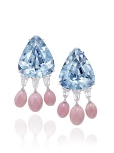 Earrings in 18K white gold with Aquamarine, Diamonds, and natural conch Pearls