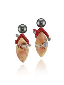 Earrings in 18K Yellow Gold with cultured Tahitian Pearls, Maligano Jasper, Coral, and gray-blue Spinel