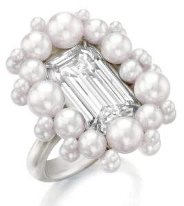 Ring in platinum with a 7.30 ct. emerald-cut Diamond, 11 natural Pearls, and 6.0 mm baby akoya cultured Pearls, Assael 