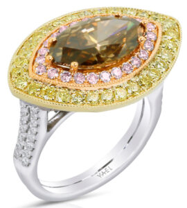 Ring in 18K white, rose, and yellow gold with a 3.76 ct. Brown Diamond, pink Diamonds (0.85 ctw.), yellow Diamonds (0.81 ctw.), and white Diamonds (0.26 ctw.), Yael Designs