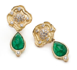 “Wave” earrings in 18K yellow gold with removable faceted Emerald (8.64 ctw.) and Diamond (1.67 ctw.) drops, Katy Briscoe