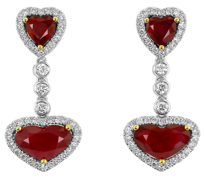 Earrings in 18K yellow and white gold with heart-shape Rubies (5.17 ctw.) and Diamonds (0.85 ctw.), Yael Designs